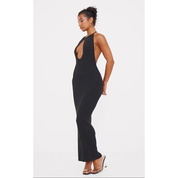 PrettyLittleThing Black Fine Knit Halterneck Maxi Dress In Black Size Medium - Picture 3 of 9